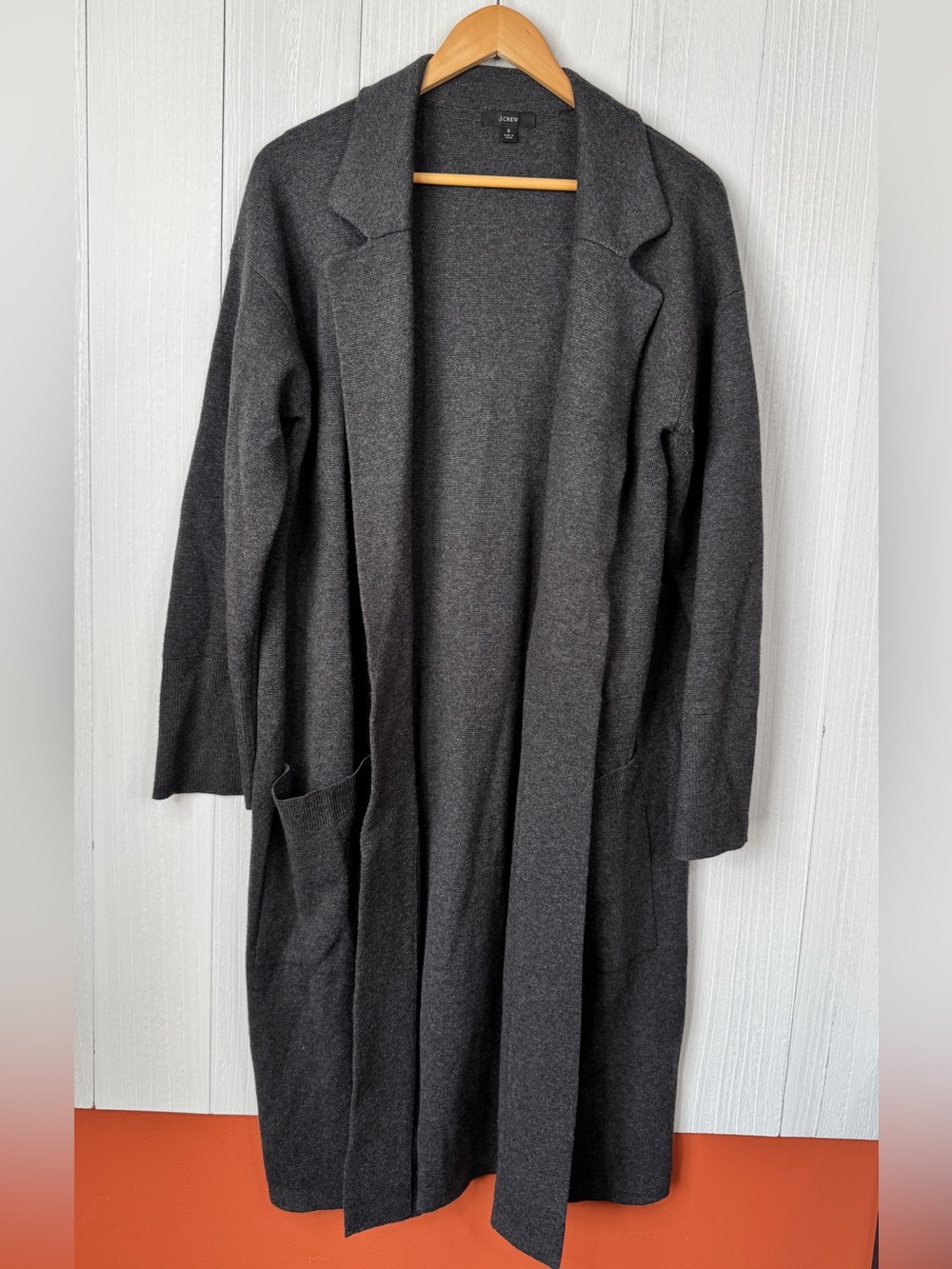 J.Crew Ella Long Open Front Knit Cardigan Blazer Coat Gray Pockets - S